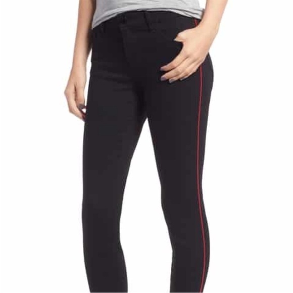 Burberry black slim denim jeans with red varsity stripe on the side of both legs